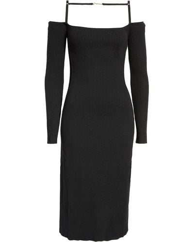 Jacquemus La Robe Sierra Cold Shoulder Long Sleeve Rib Cotton Sweater Dress - Black