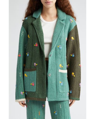 YANYAN Daisy Embroidered Pointelle Knit Lambswool Blazer - Green