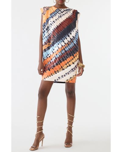 GSTQ Pleated Padded Shoulder Shift Dress - Multicolor