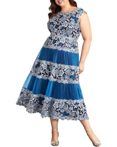 Tadashi Shoji Floral Embroidery Pleated Off The Shoulder Midi Dress - Blue