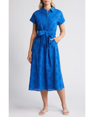Caslon Caslon(r) Eyelet Embroidery Cotton Shirtdress - Blue