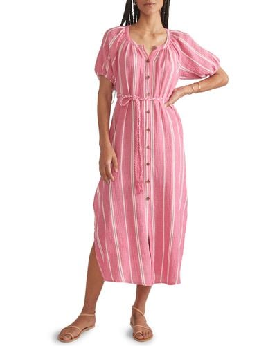 Marine Layer Stripe Belted Double Cloth Midi Shirtdress - Pink