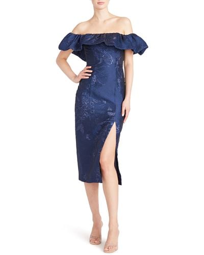 ML Monique Lhuillier Floral Print Metallic Off The Shoulder Ruffle Trim Midi Dress - Blue