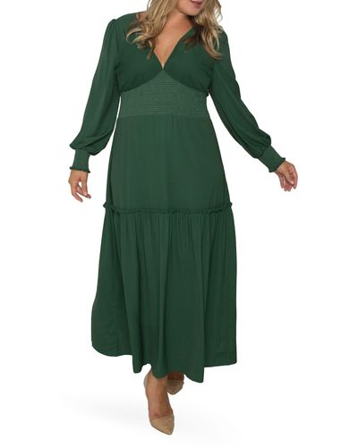 Standards & Practices Floral Smock Waist Long Sleeve Georgette Maxi Dress - Green