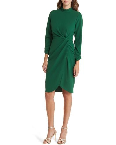 Tahari Side Ruched Long Sleeve Sheath Dress - Green