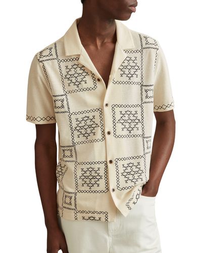 Reiss Cosmos Embroidered Short Sleeve Cotton Button-up Shirt - Natural