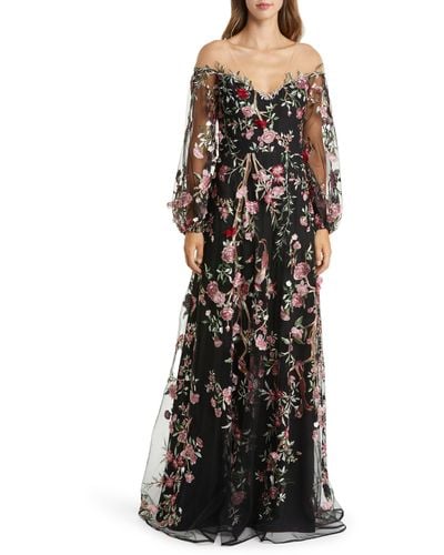 Marchesa Floral Embroidery Long Sleeve Gown - Black