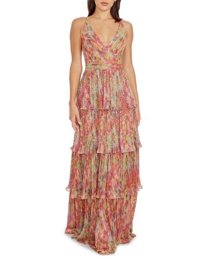 Dress the Population Lorain Abstract Print Metallic Tiered Gown - Orange