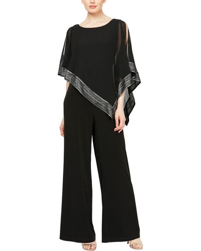 Sl Fashions Foil Trim Asymmetric Popover Capelet Jumpsuit - Black