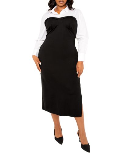 Buxom Couture Contrast Long Sleeve Midi Shirtdress - Black