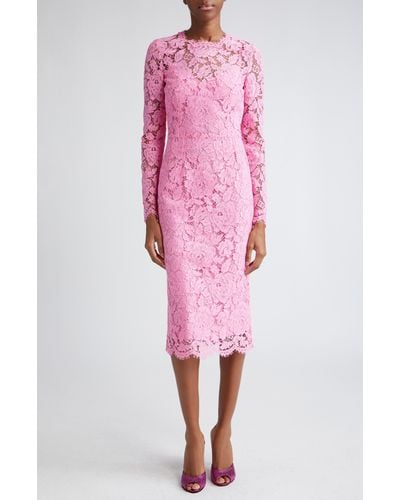 Dolce & Gabbana Long Sleeve Cordonetto Lace Sheath Dress - Pink