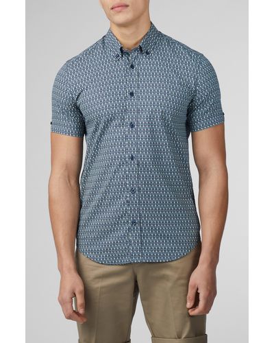 Ben Sherman Geo Spot Print Short Sleeve Button-down Shirt - Blue