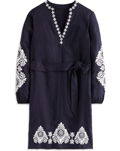 Boden Cleo Embroidered Long Sleeve Linen Dress - Blue
