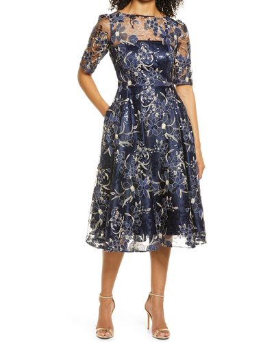 Eliza J Sequin Floral Embroidery Fit & Flare Cocktail Midi Dress - Blue