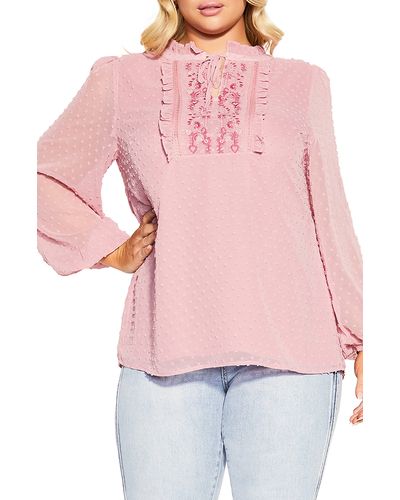City Chic Twyla Embroidered Dobby Blouse - Pink