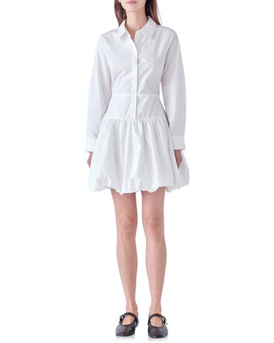 English Factory Long Sleeve Bubble Hem Cotton Poplin Shirtdress - White
