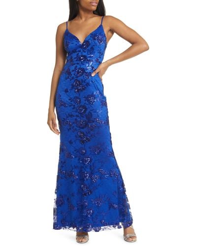 Lulus Shine Language Floral Sequined Lace Gown - Blue