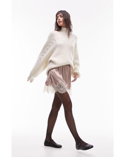 TOPSHOP Lace Hem Satin Skirt - Natural