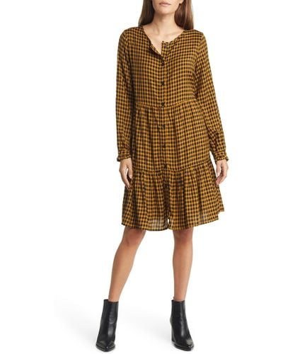 Beach Lunch Lounge Plaid Tiered Long Sleeve Button-down Dress - Natural