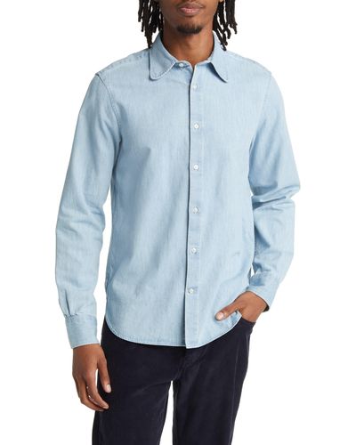 Officine Generale Dustin Washed Cotton Denim Button-up Shirt - Blue