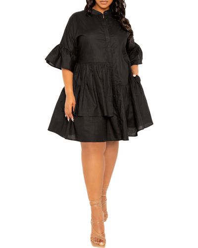 Buxom Couture Flutter Sleeve Cotton & Linen Shift Dress - Black