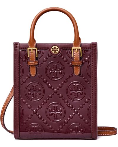 Tory Burch Mini T Monogram Embossed Patent Leather Crossbody Tote - Red