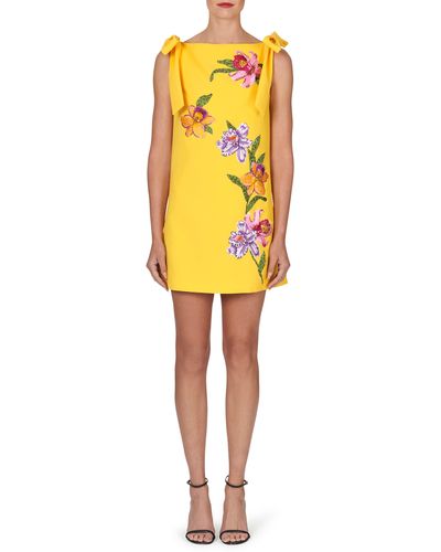 Carolina Herrera Embroidered Floral Bow Detail Shift Minidress - Yellow