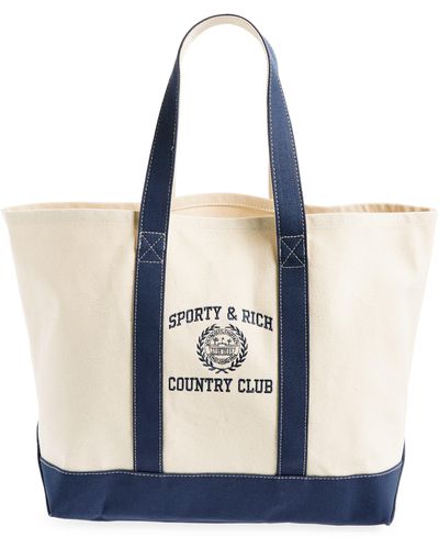 Sporty & Rich Varsity Crest Embroidered Cotton Tote - Blue