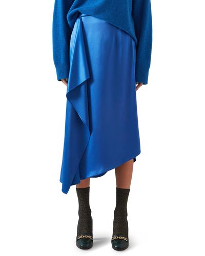 LK Bennett Zoe Side Ruffle Asymmetric Satin Midi Skirt - Blue