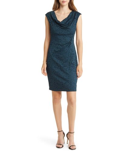 Connected Apparel Cowl Neck Lace Overlay Sheath Dress - Blue