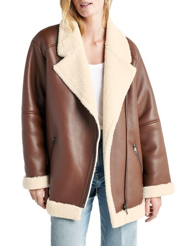 Splendid Earhart Faux Leather Aviator Jacket With Faux Fur Collar - Brown