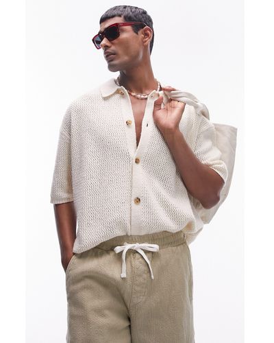 TOPMAN Textured Knit Short Sleeve Button-up Shirt - Natural