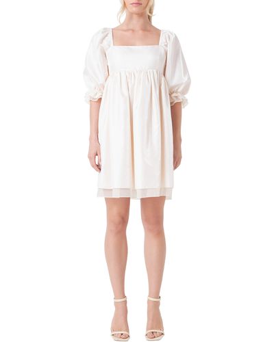 Endless Rose Shiny Puff Sleeve Babydoll Dress - White