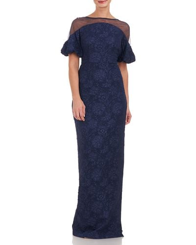 JS Collections Janessa Floral Mesh Column Gown - Blue