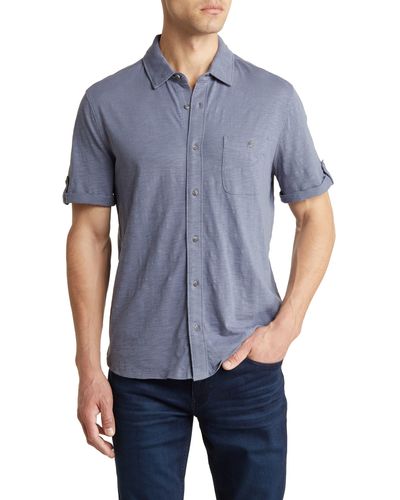 PAIGE Brayden Short Sleeve Cotton Jersey Button-up Shirt - Blue