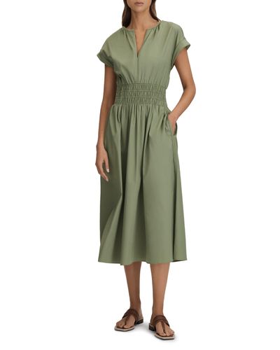 Reiss Lena Shirred Waist Cotton Midi Dress - Green