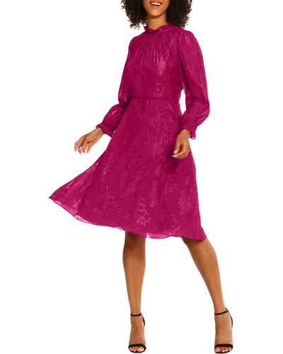 Maggy London Floral Metallic Jacquard Long Sleeve Midi Dress - Pink