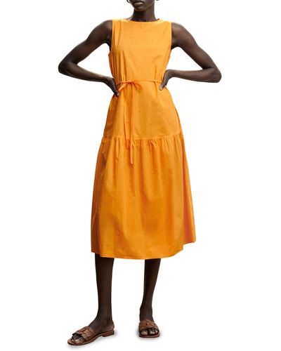 Mango Floral Embroidered Sleeveless Cotton Dress - Orange