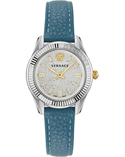 Versace Greca Time Leather Strap Watch - Blue