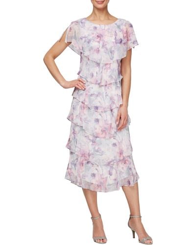 Sl Fashions Floral Metallic Layered Ruffle Dress - Pink