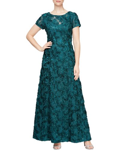 Alex Evenings Long A-line Rosette Dress With Sequin Detail - Green