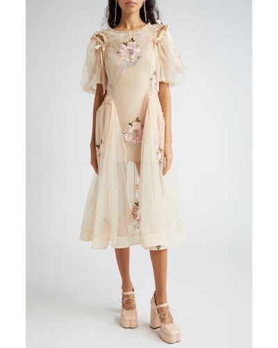 Simone Rocha Puff Sleeve Ruched Bite Embroidered Tulle Midi Dress - Natural
