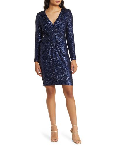 Eliza J Long Sleeve Sequin Cocktail Dress - Blue