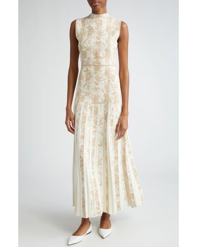 Lela Rose Floral Stripe Jacquard Pleated Sleeveless Dress - White