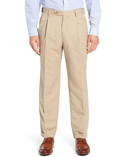 Berle Classic Fit Pleated Microfiber Performance Pants - Natural