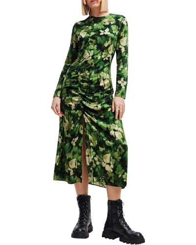 Desigual Camoflower Print Ruched Long Sleeve Midi Dress - Green