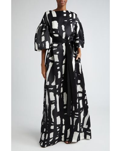 Max Mara Rubiera Abstract Print Belted Silk Satin Gown - Black