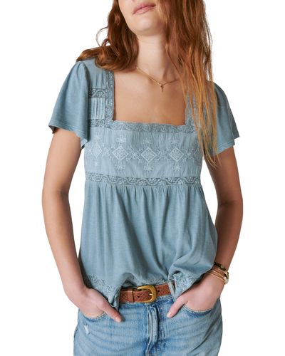 Lucky Brand Embroidered Square Neck Babydoll Top - Blue