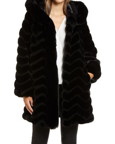 Gallery Grooved Faux Fur Hooded Jacket - Black