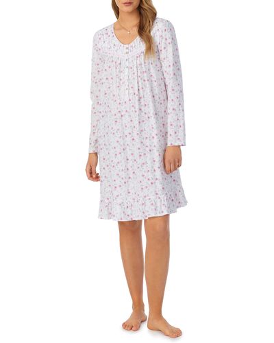 Eileen West Floral Lace Trim Long Sleeve Cotton Nightgown - White
